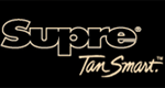 A black and white photo of the supreme tan shop logo.