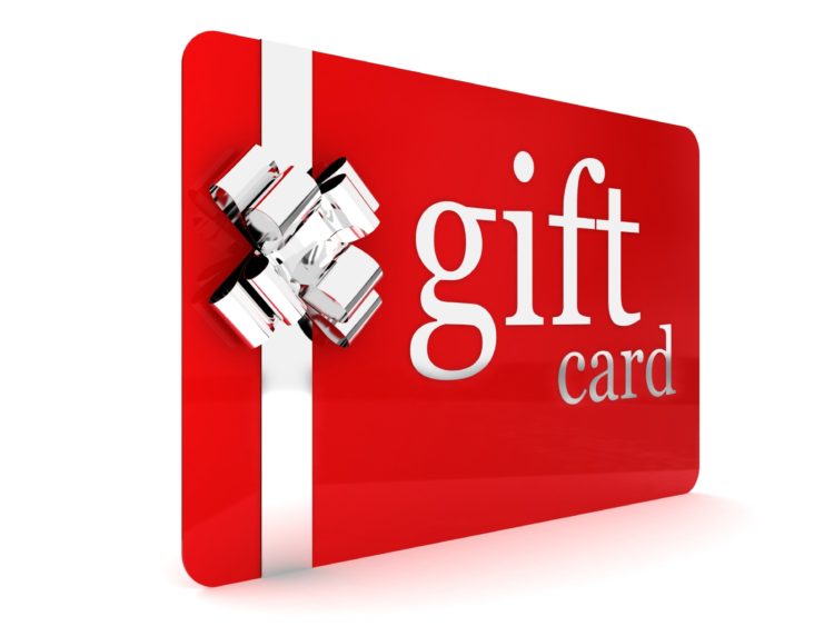 A red gift card with white ribbon and bow.